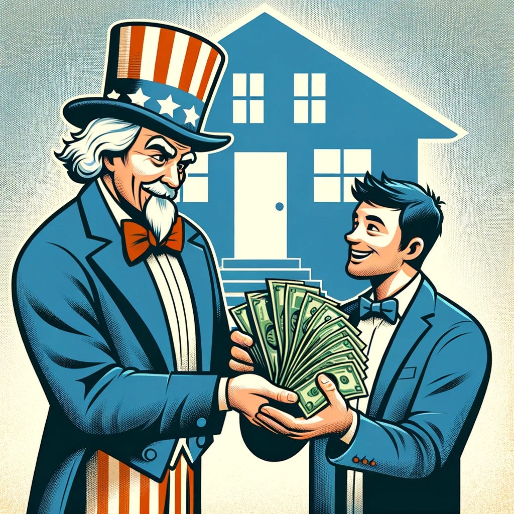 Create an image of Uncle Sam handing over a bundle of dollar bills to an individual for the purpose of buying a home. The image should depict a cheerful exchange, with Uncle Sam in his traditional outfit and the person receiving the money looking excited and grateful. The background should suggest the theme of home buying, possibly including a silhouette of a house or a 'For Sale' sign to make the context clear. The imagery should convey a positive and supportive atmosphere, highlighting the financial assistance for homeownership.