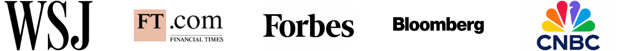 A horizontal row of five logos representing major financial and business news outlets: The Wall Street Journal (WSJ), Financial Times (FT.com), Forbes, Bloomberg, and CNBC. The CNBC logo stands out with its colorful peacock design, while the others are in black and white. The image conveys credibility and media recognition.