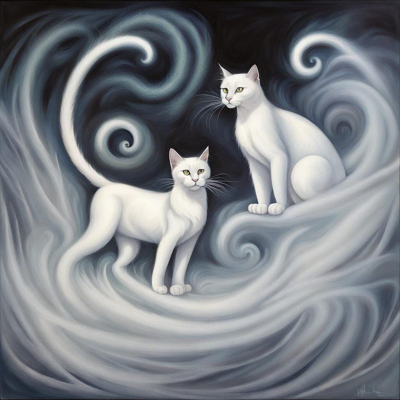 swirling mist, ghostly felines artistic impression.