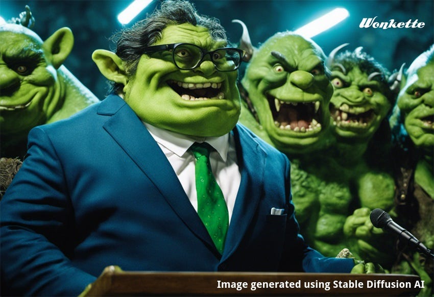 A group of barbarian ogres listens enthusiastically to their leader, who wears a blue suit, green necktie, and glasses. 