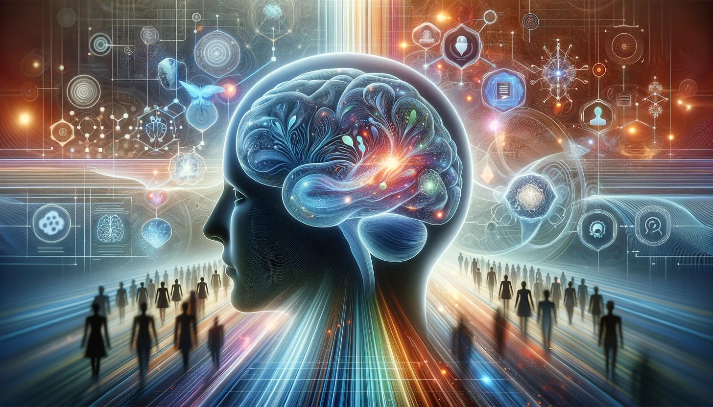 Create a more realistic image that showcases a harmonious connection between the human brain and modern technology, symbolizing the complexity of neuroscience and its application in leadership and organizational transformation. The image should feature a transparent human brain in the foreground, surrounded by digital networks and data streams to represent decision-making processes and information flow. Incorporate soft, soothing colors to highlight stress management, and subtly include elements of cultural diversity and ethical considerations, such as diverse human silhouettes or ethical symbols in the background. The overall image should convey innovation, personal development, and the importance of deep self-understanding in a rapidly changing digital world, with a focus on a more lifelike depiction.