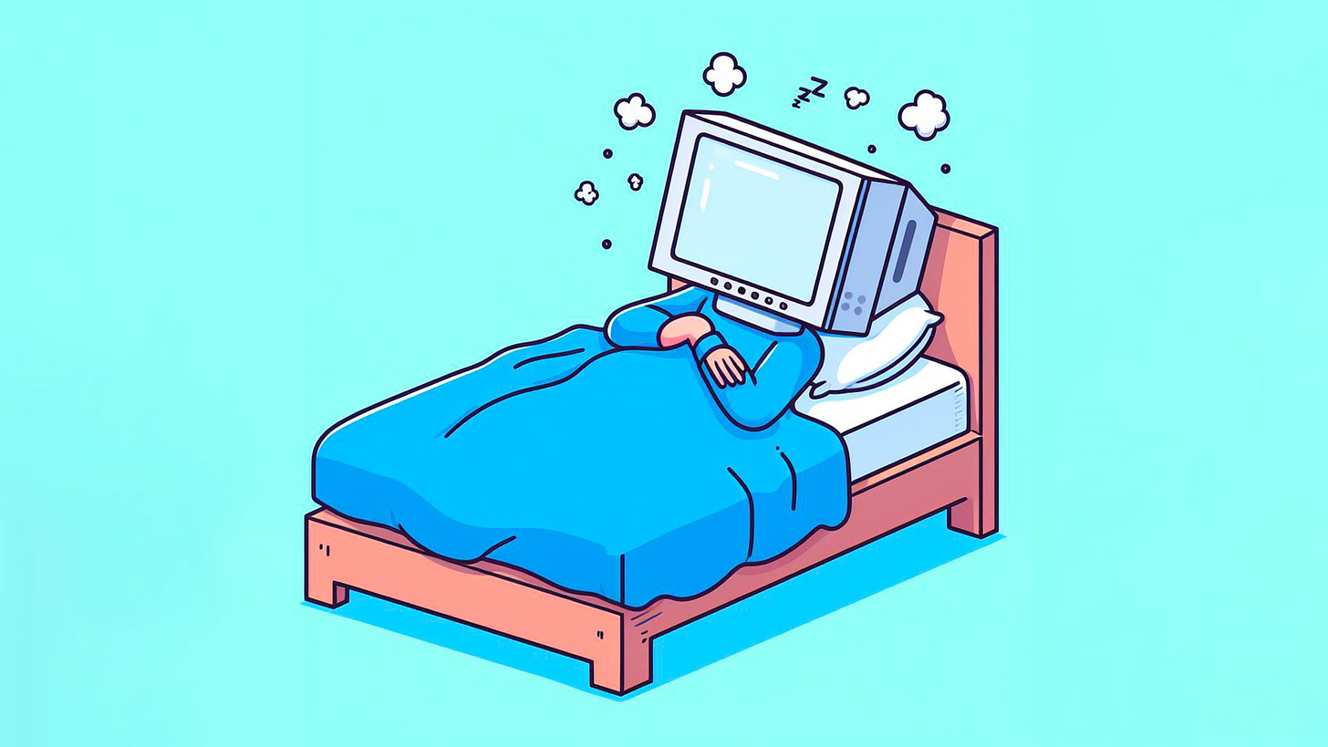 A computer in bed waking up from sleep