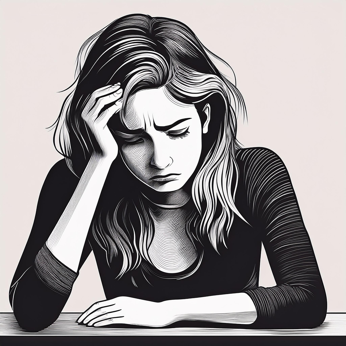 Black and white artwork of a Sad Woman Sitting at a Table