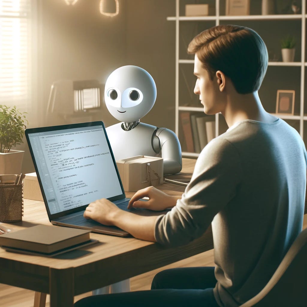 A modern scene depicting a person interacting with an AI chatbot while programming on their laptop. The person, of ambiguous gender, is focused on their laptop screen showing lines of code. They are seated at a well-organized desk in a softly lit room, suggesting a cozy work environment. The AI chatbot interface is visible on the screen, displaying a friendly, digital avatar. The room includes a few books, a potted plant, and some tech gadgets.