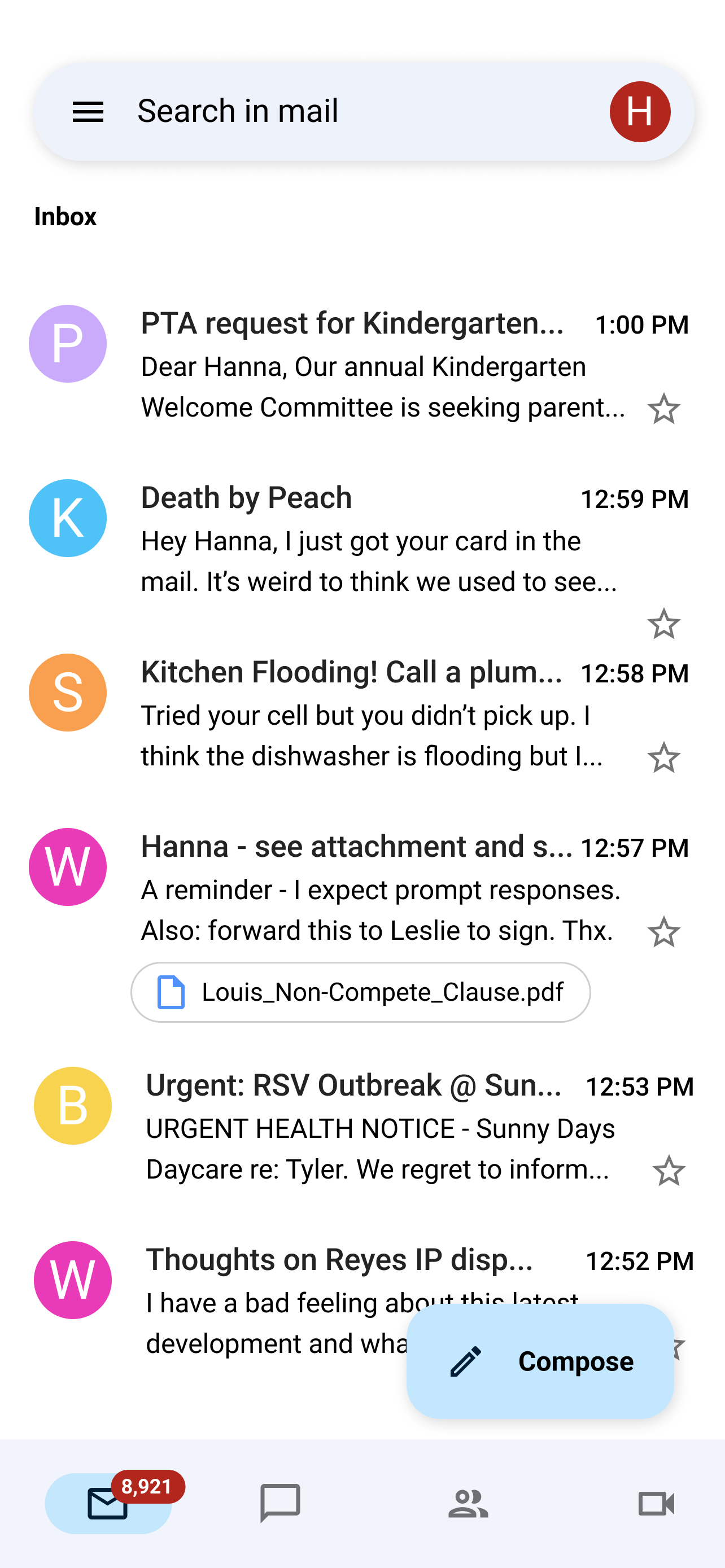 Screenshot of Hannah's mobile inbox with notification for 8,921 unread emails. Preview shows six unread messages about PTA volunteer request, babysitter reporting kitchen flood, two work emails, RSV outbreak at daycare alert, and email from Kate titled "Death by Peach." All six sent in past 10 minutes.