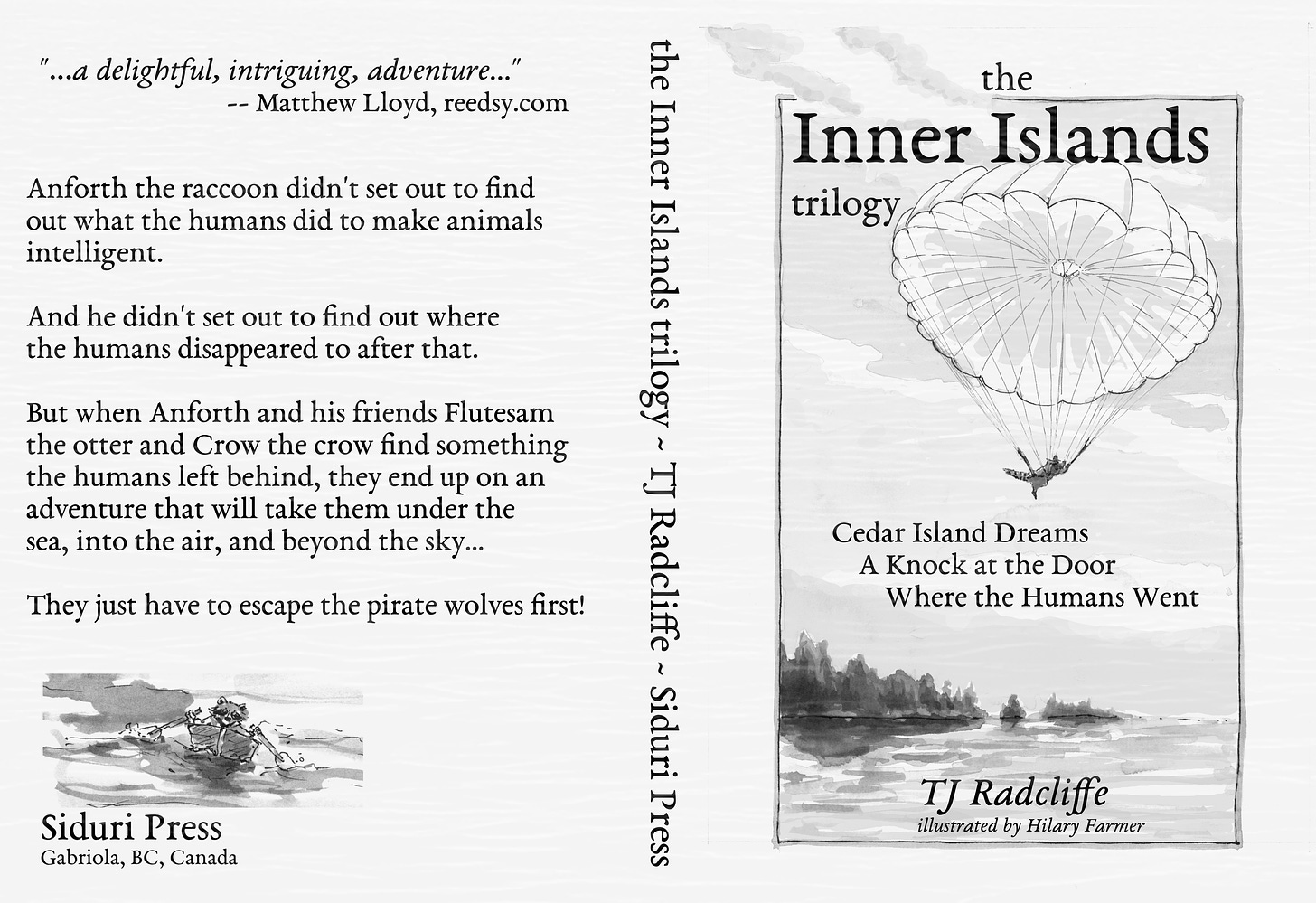 Cover of the Inner Islands Trilogy by TJ Radcliffe showing Anforth the raccoon parachuting to Earth over water