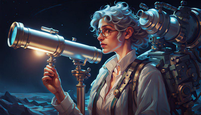 Lady scientist at night with telescope