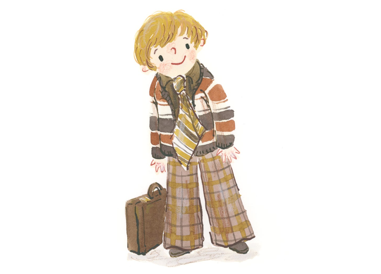 Picture book style drawing of boy with briefcase and tie by illustrator Nanette Regan