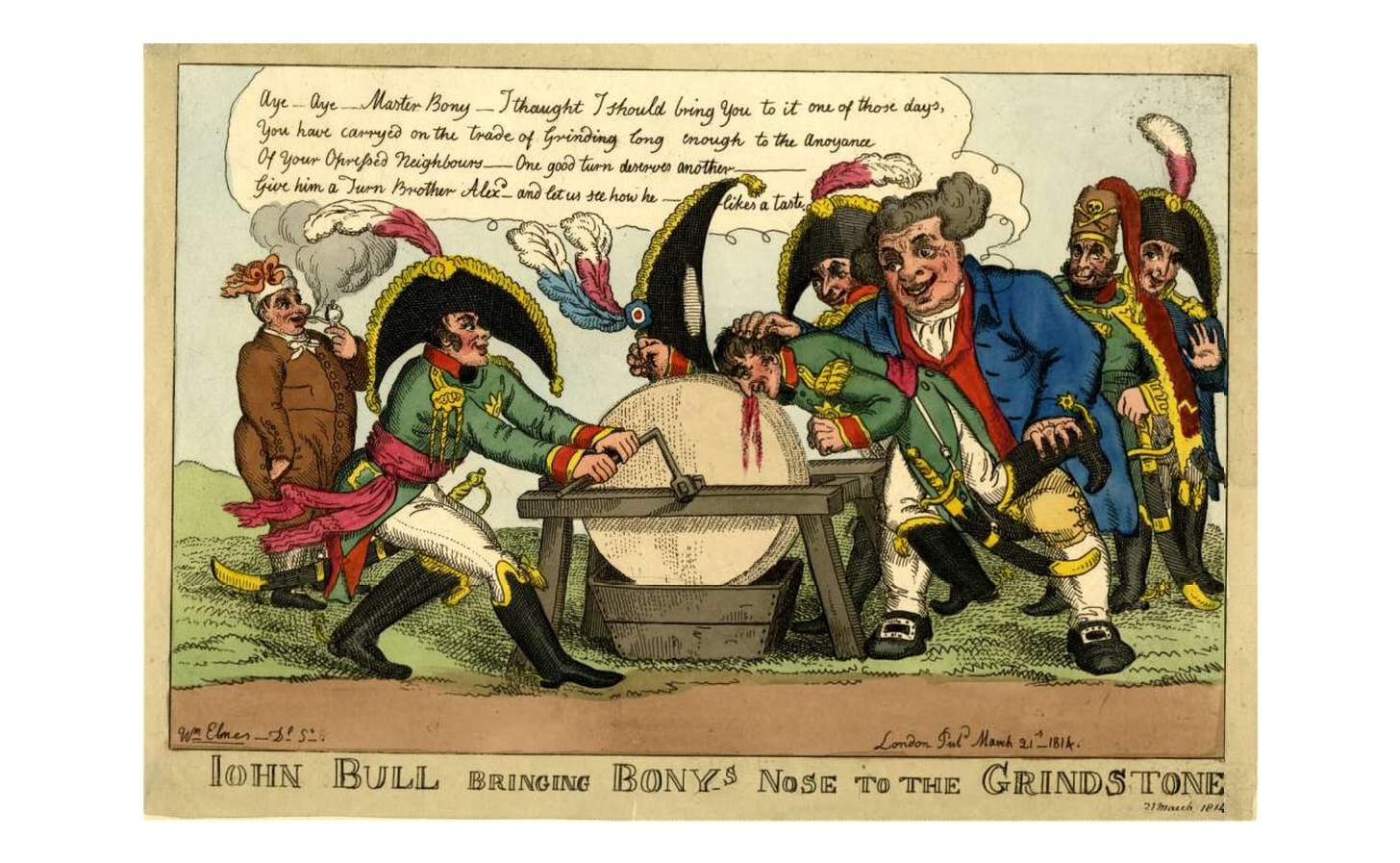 satirical cartoon by william elmes featuring John Bull and Napoleon Bonaparte