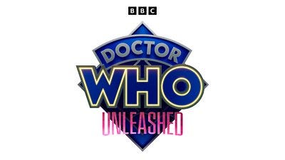 Doctor Who is written in blue on a diamond shape. Unleashed is written in pink across the bottom half of the diamond.