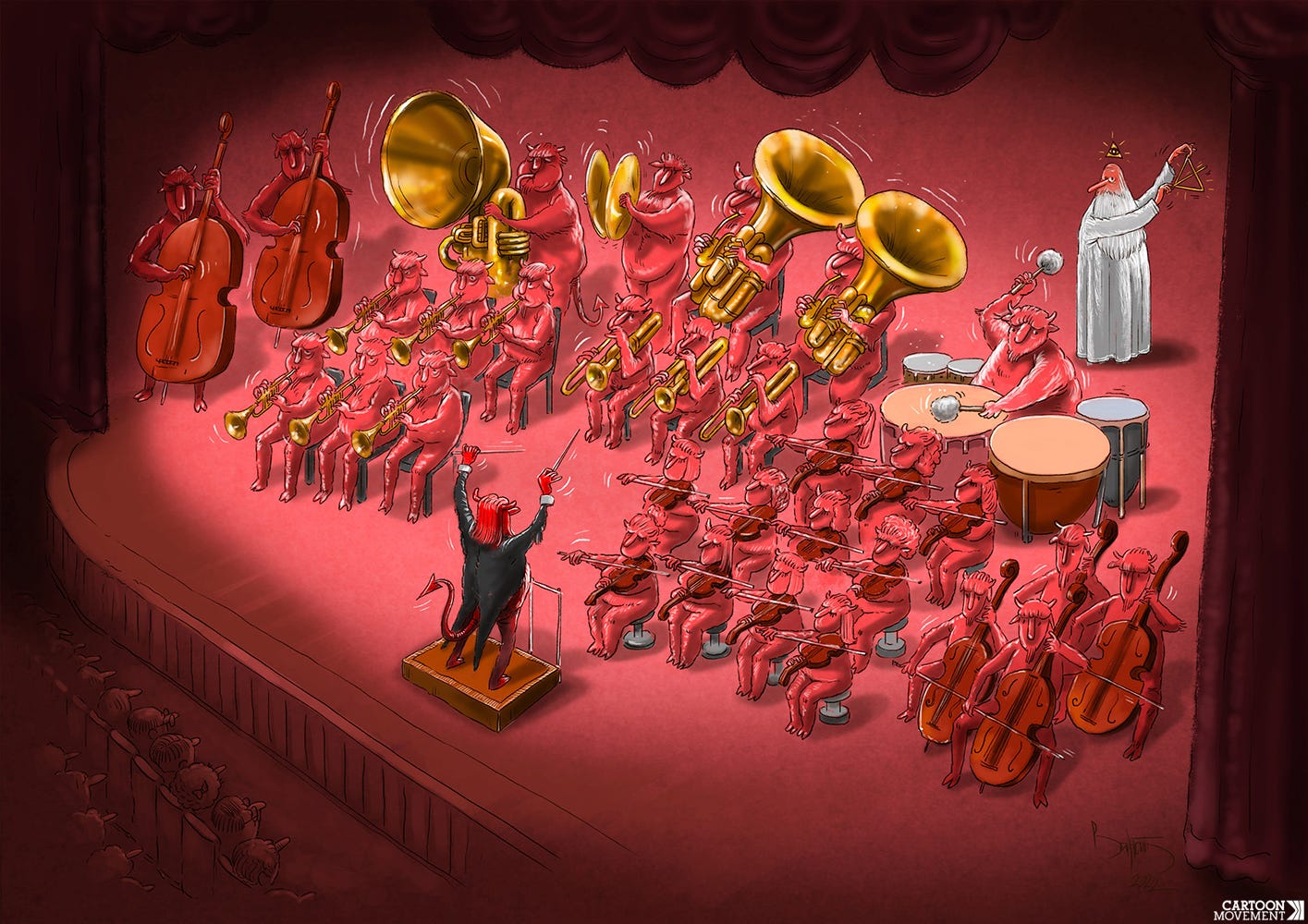 Cartoon showing a big orchestra of devils playing a symphony on a stage. At the back, we see God playing the triangle.