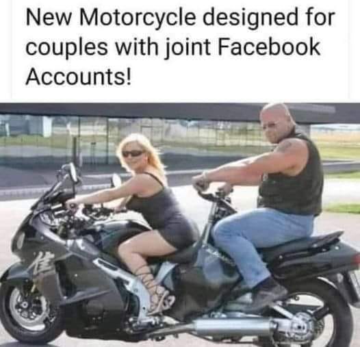 May be an image of 2 people, motorcycle and text that says 'New Motorcycle designed for couples with joint Facebook Accounts!'
