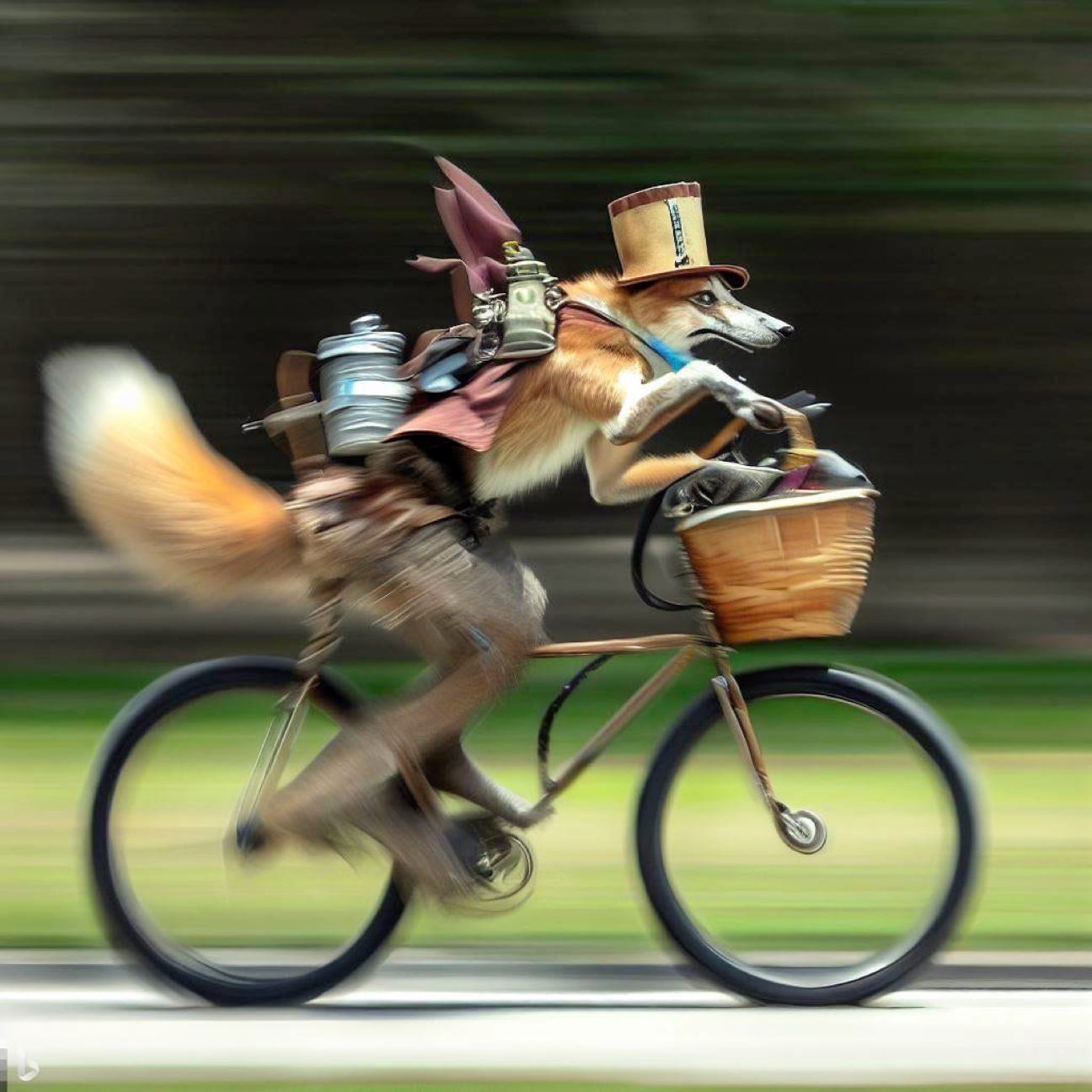 A coyote riding a bicycle while wearing a steampunk top hat