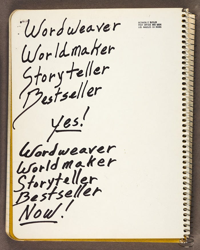 Handwritten journal page that says "Worldweaver Worldmaker Storyteller Bestseller Yes! Wordweaver Worldmaker Storyteller Bestseller Now!