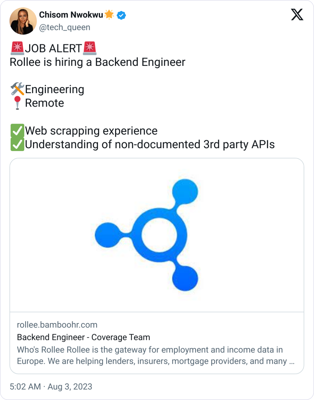 Chisom Nwokwu🌟 @tech_queen 🚨JOB ALERT🚨 Rollee is hiring a Backend Engineer  🛠️Engineering 📍Remote  ✅Web scrapping experience ✅Understanding of non-documented 3rd party APIs