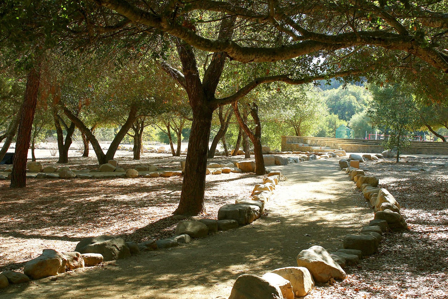 Photo of a winding pathway edged with large rocks.  Oak Trees are all around.
