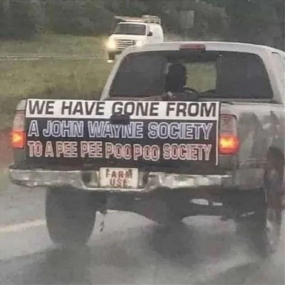 a truck that says WE HAVE GONE FROM A JOHN WAYNE SOCIETY TO A PEE PEE POO POO SOCIETY on the bed