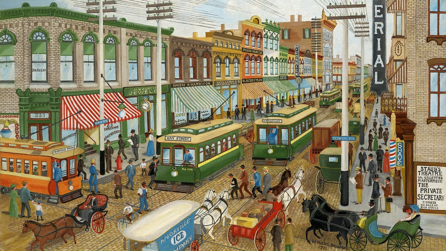 "Corner Gay & Clinch in 1896 (No.1)," painted in 1970. (Courtesy of East Tennessee Historical Society. "Corner Gay & Clinch in 1896 (No.1)," painted in 1970. (Courtesy of East Tennessee Historical Society.