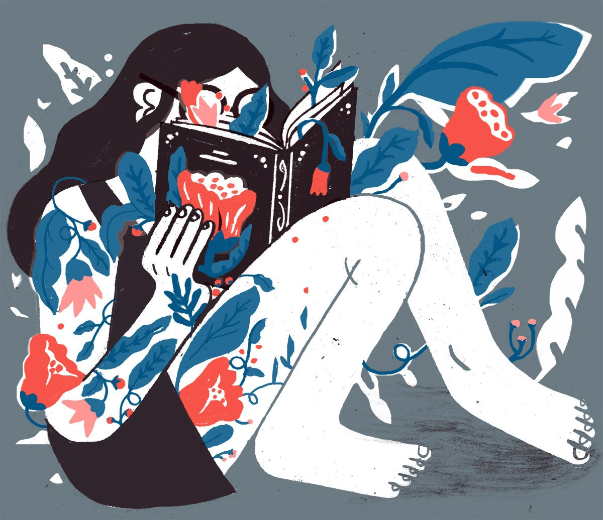 An abstract illustration of a young woman reading a book with flowers all around her.