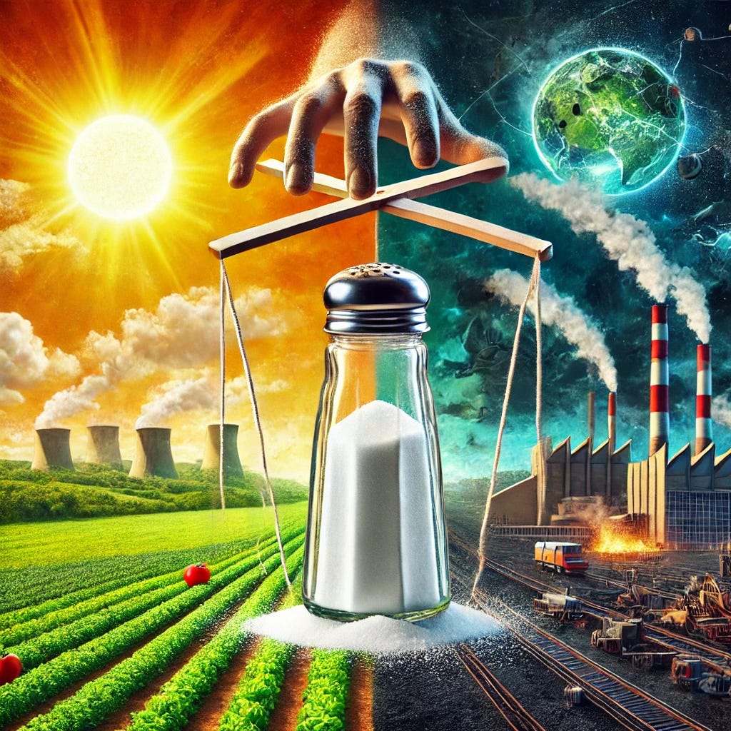 A visually striking image representing the theme of health inversion and deception, focusing on salt. The image features a central salt shaker that is being pulled by strings like a marionette, symbolizing manipulation. The background is split, with one side depicting a healthy, vibrant landscape with natural elements like the sun and green fields, while the other side shows a dark, industrial, and ominous setting with factories and machinery. The salt shaker is positioned in between, emphasizing the conflict and control over health narratives. The overall color scheme is a contrast between bright, natural colors and dark, muted tones, symbolizing the battle between truth and deception.