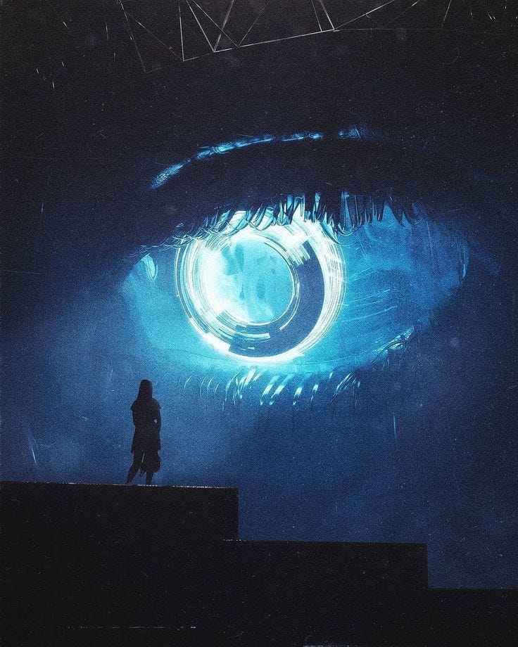 This may contain: a person standing on a ledge in front of an eyeball with blue light coming from it