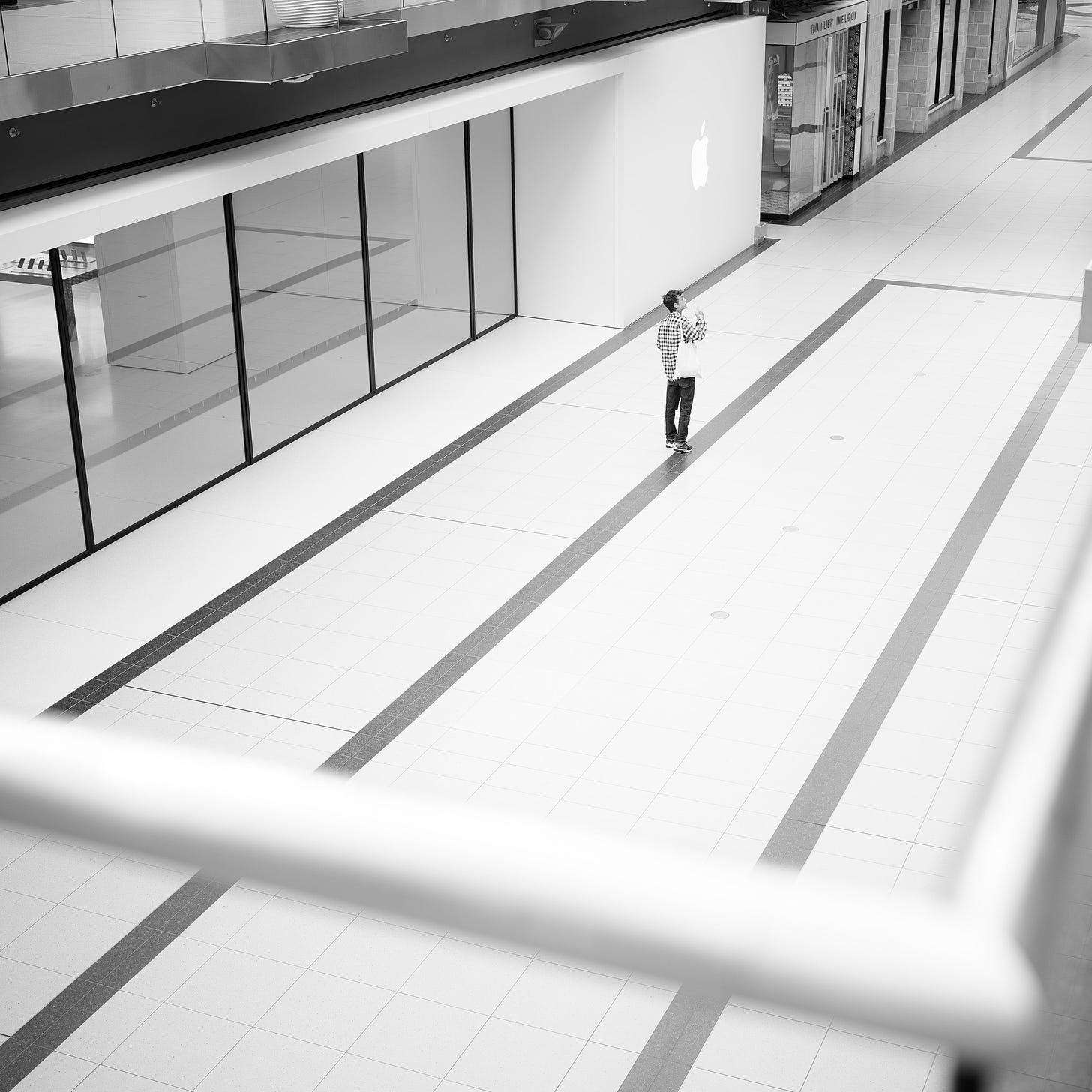 One lonely shopper wanders the halls of Eaton Centre. In the background, Apple Eaton Centre is pictured with all of its doors closed.