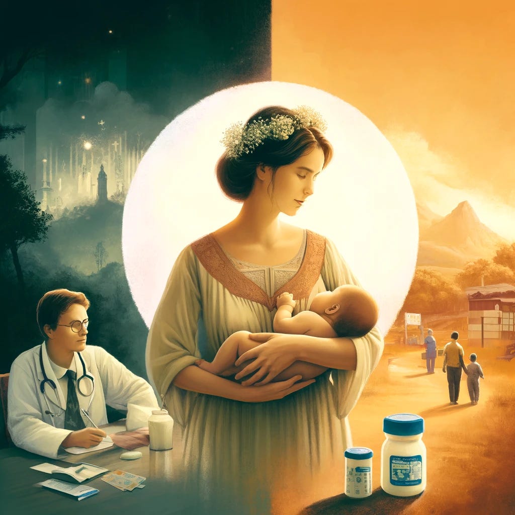 A poignant square image showing a mother breastfeeding her baby in a peaceful, natural setting. The background contrasts with a distant, more clinical environment with doctors and formula milk cans, symbolizing the conflict between natural breastfeeding and medical intervention. The mother looks serene and determined, with a warm light highlighting the bond between her and her baby. Subtle elements like books or posters on breastfeeding benefits can be included. The overall atmosphere should be nurturing and emphasize the benefits of breastfeeding against medical discouragement.