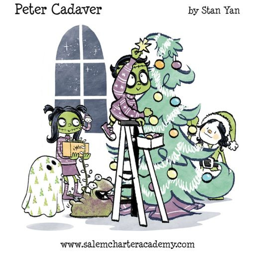 Peter Cadaver and his friends are decorating a Christmas Tree.