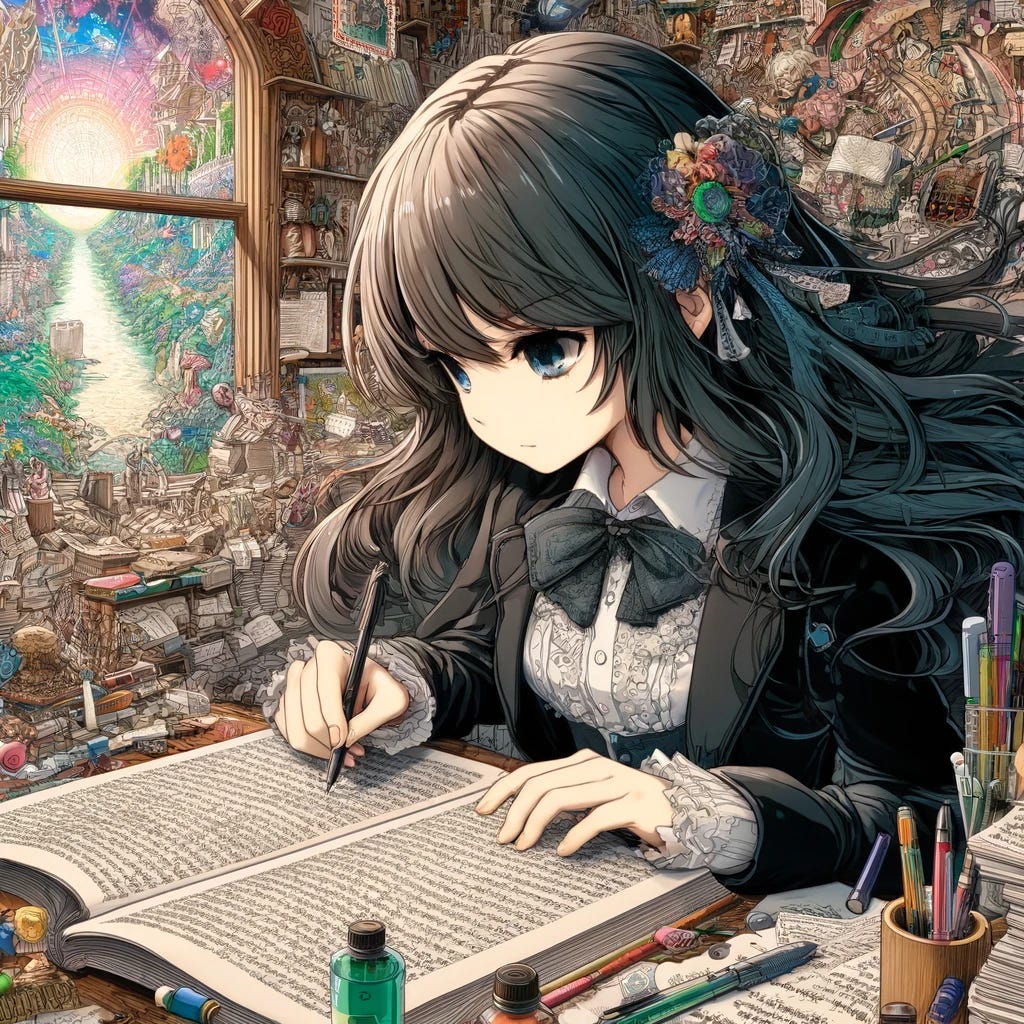 Anime girl with gothic style doing what she loves, writing and getting to be imaginative - Created by Dall-E