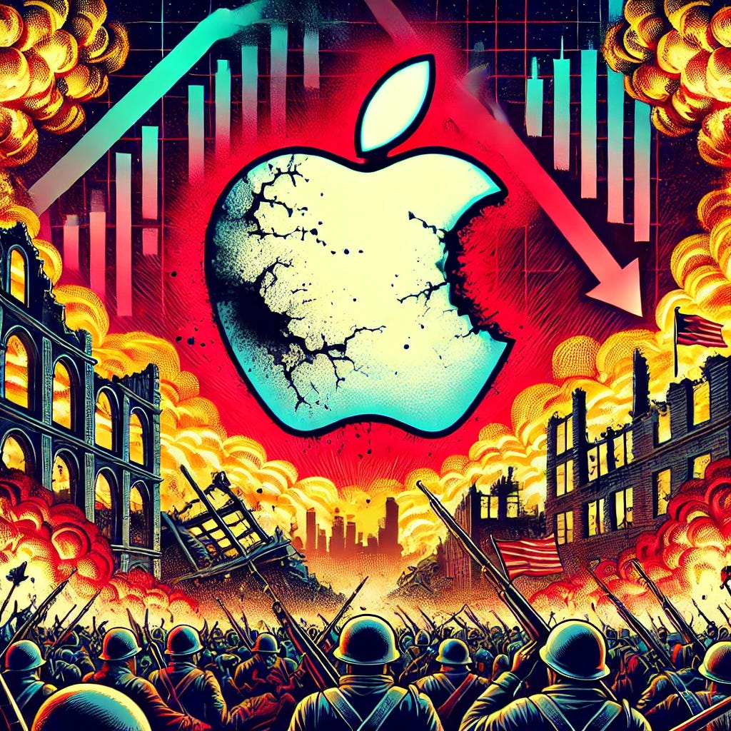 A dramatic pop-art style illustration featuring the Apple logo broken and charred, placed in the middle of a chaotic battlefield scene. Surrounding the logo are plumes of smoke, shattered financial charts, and glowing red arrows pointing downward to symbolize a market downturn. The background is filled with a war-torn, apocalyptic cityscape with ruins of tech buildings and a fiery sky. The overall tone is intense, blending the devastation of a battlefield with the collapse of a tech giant, presented in a bold, vibrant pop-art style.