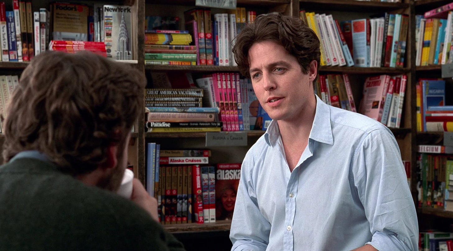 In Notting Hill (1999) when Will talks about someone famous coming into the  shop, the books behind him all allude to the USA (“Great American  Vacations”, “New York”, “California”), which is where