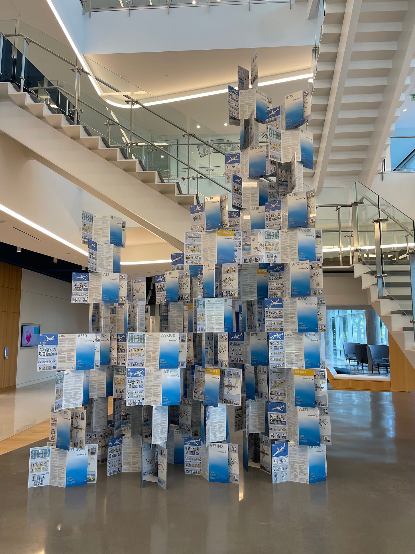 Sculpture made of airplane seat-back safety cards in the Skyview 8 building at the new American Airlines headquarters campus near DFW airport