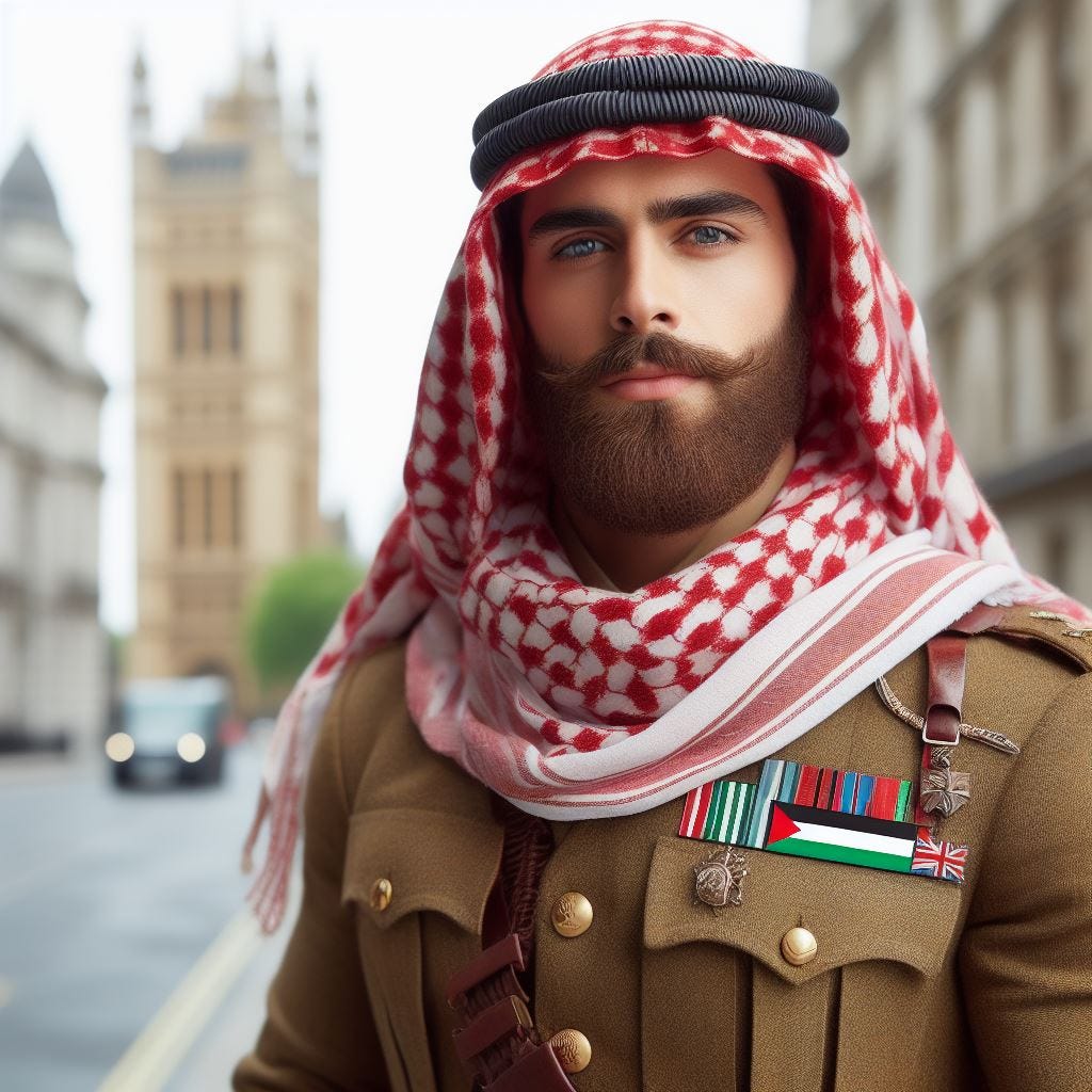 well-built palestinian man in keffiyeh, wearing a British monarch's uniform