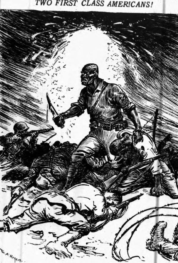 A Black, uh … orc? soldier? with a bloody knife and a baleful stare fights off German troops in a black-and-white New York Herald illustration of his acts of gallantry and/or savagery in World War I. Looking at this photo, I would not surmise that i…