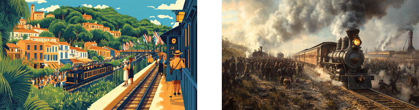 Two contrasting train scenes: the left shows a colorful, stylized illustration of a vintage train station in a vibrant, hilly town, with crowds in early 20th-century attire watching a train arrive. The right is a realistic, smoky scene of a steam train in an industrial setting filled with workers or soldiers, conveying a dramatic and historical mood.