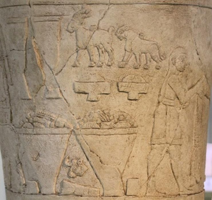 Devotional scene to Inanna, Warka Vase. (c. 3200–3000 BC) Uruk. This is one of the earliest surviving works of narrative relief sculpture. (Miguel Hermoso Cuesta/ CC BY-SA 4.0)
