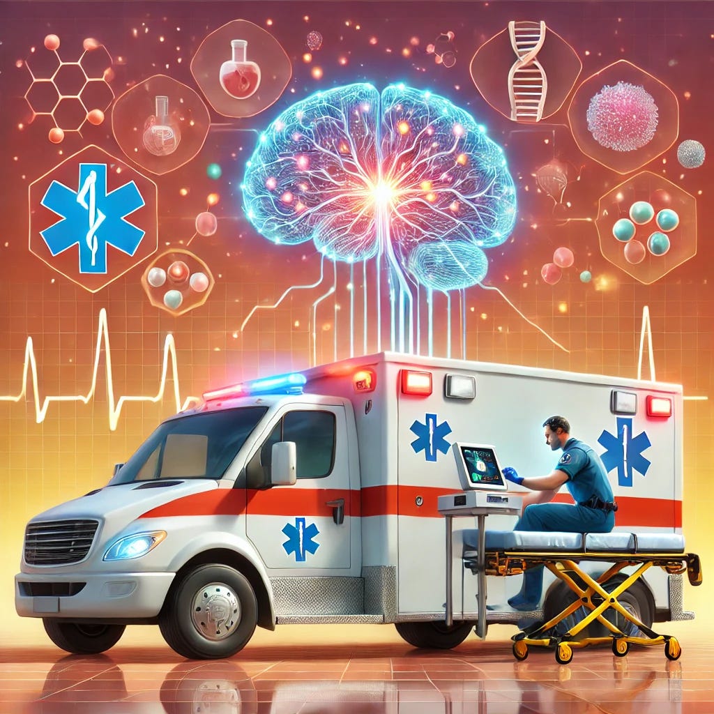A modern and professional medical illustration depicting an ambulance equipped with advanced diagnostic technology. Inside the ambulance, a paramedic is conducting a rapid blood test on a stroke patient using a handheld device. The image highlights the brain with glowing neural pathways to symbolize innovation in stroke detection. The background features a warm and inviting color palette with subtle medical icons like a heartbeat line and molecular structures to convey scientific advancement. The overall design is clean, engaging, and positive, emphasizing the breakthrough in emergency stroke care.