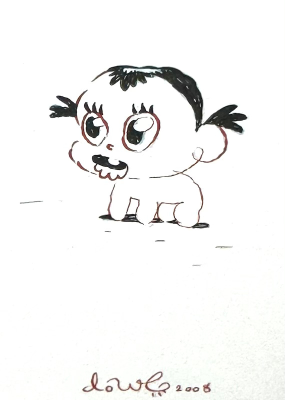 A Dave Cooper ink drawing of a small girlish figure on four legs. Short dark hair, big eyes, and buck teeth.