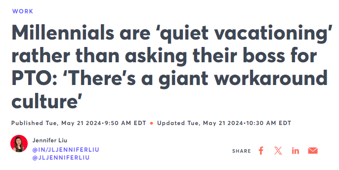 CNBC headline that reads 'Millennials are quiet vacationing rather than asking for PTO'