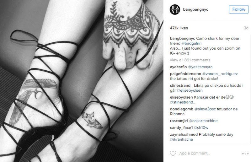 rihanna drake tattoo for relationship gossip 2016