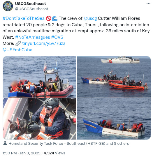 USCG Cutter William Flores repatriates 20 people & 2 dogs that attempted to illegally reach the US back to Cuba on January 9, 2025.