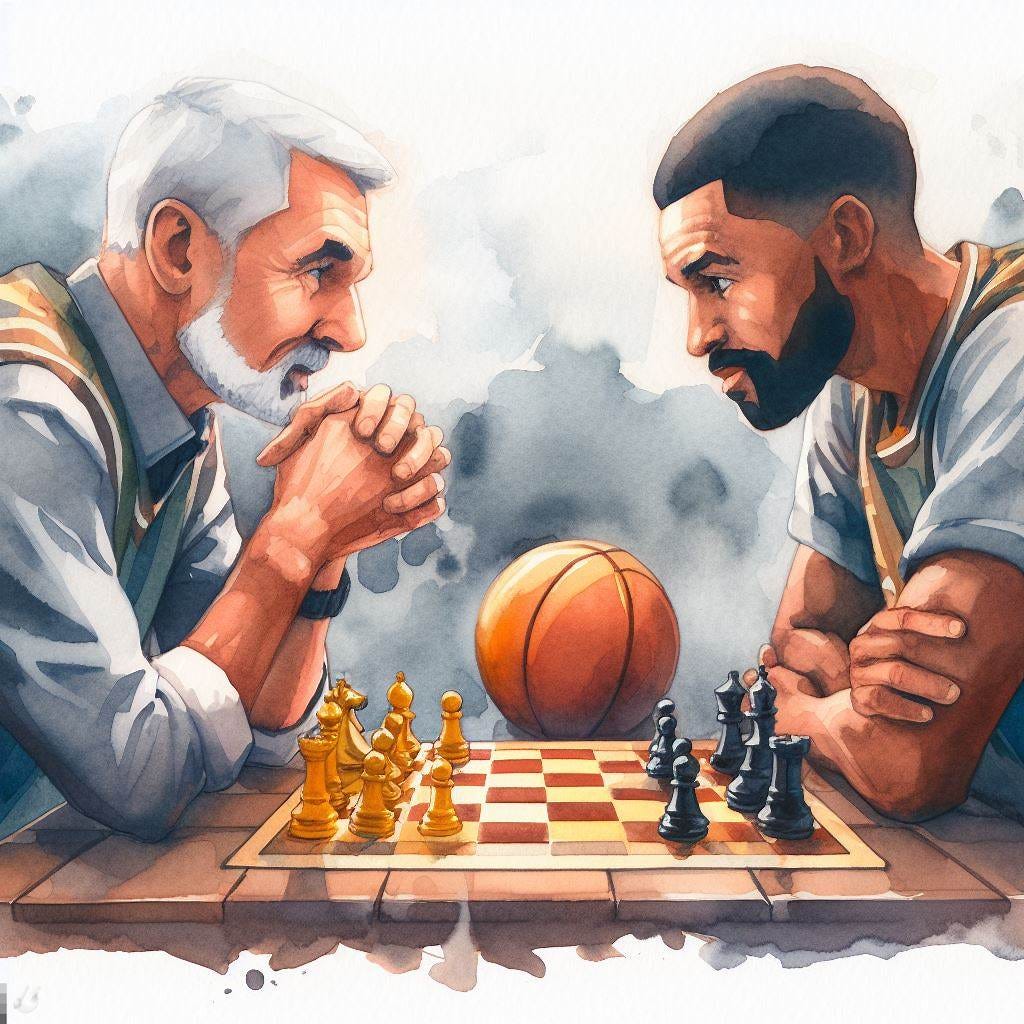 Two basketball coaches playing a chess match, watercolor