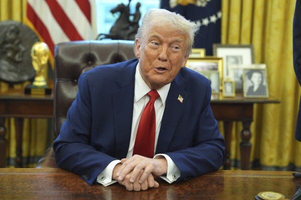 President Donald Trump speaks after signing an executive order in the Oval Office of the White House, Monday, Feb. 3, 2025, in Washington. (AP Photo/Evan Vucci)