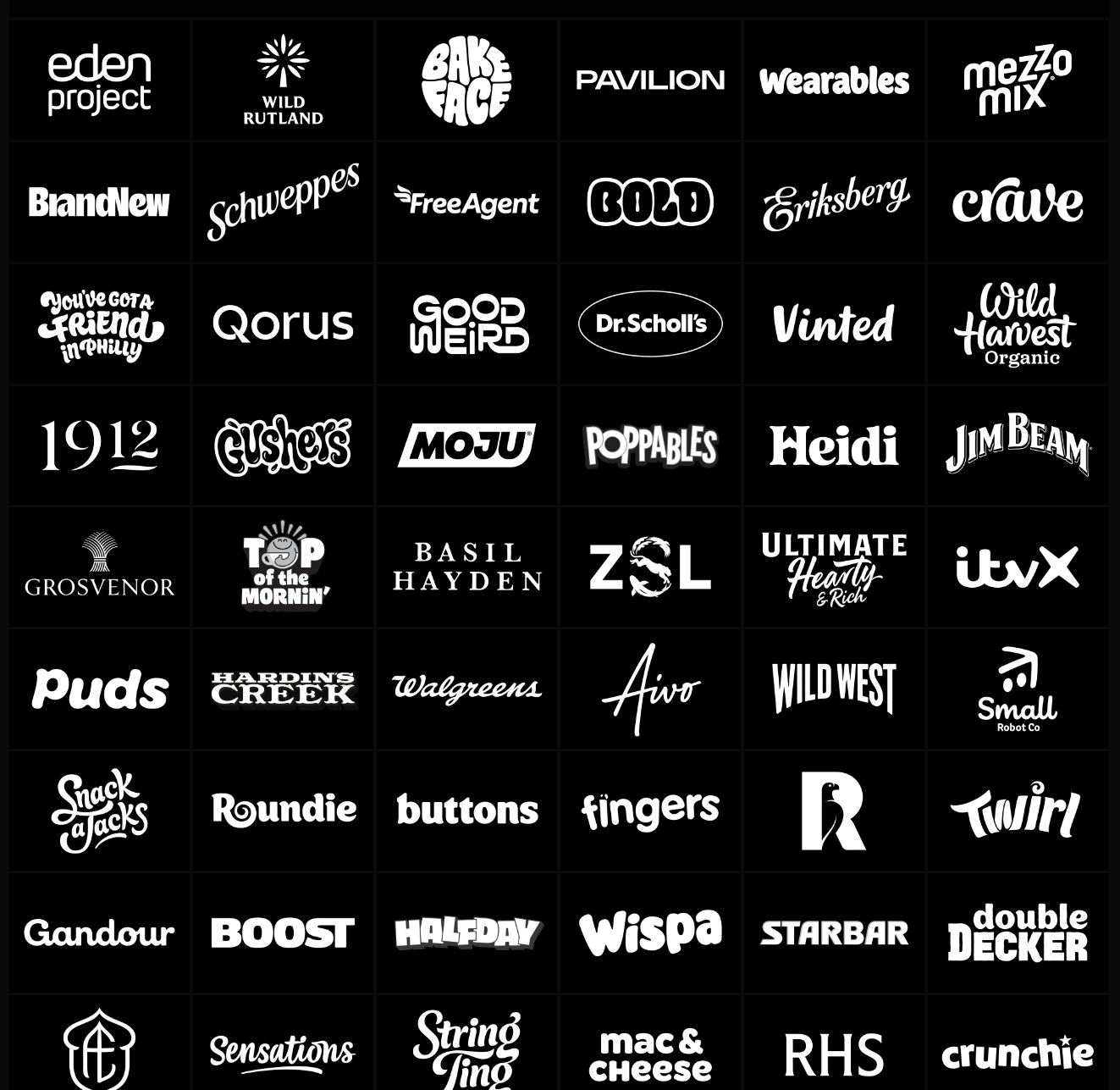 A grid of white logos on a black background.