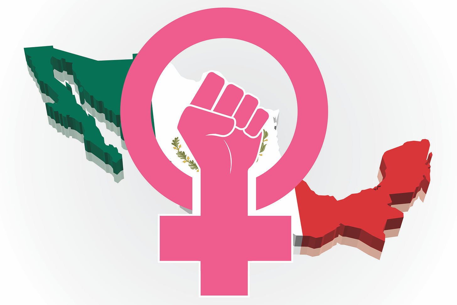 Woman power symbol superimposed over outline of Mexico