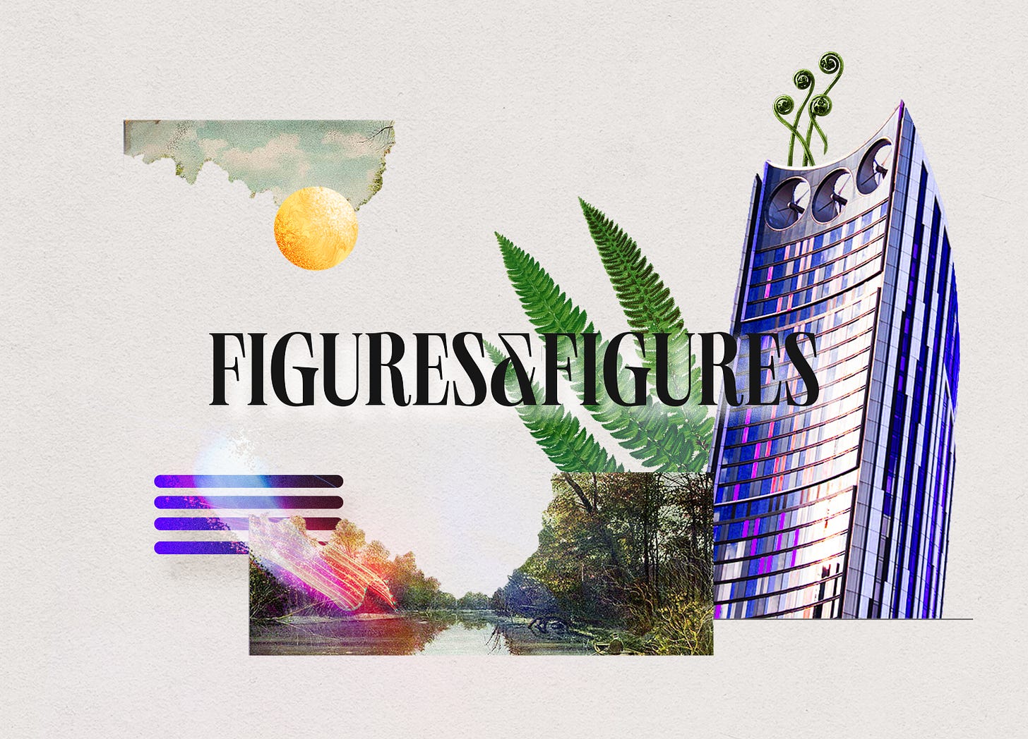 collage merging ultra modern elements like neon and glass building with vintage botanical imagery. On top, text reads Figures & Figures.