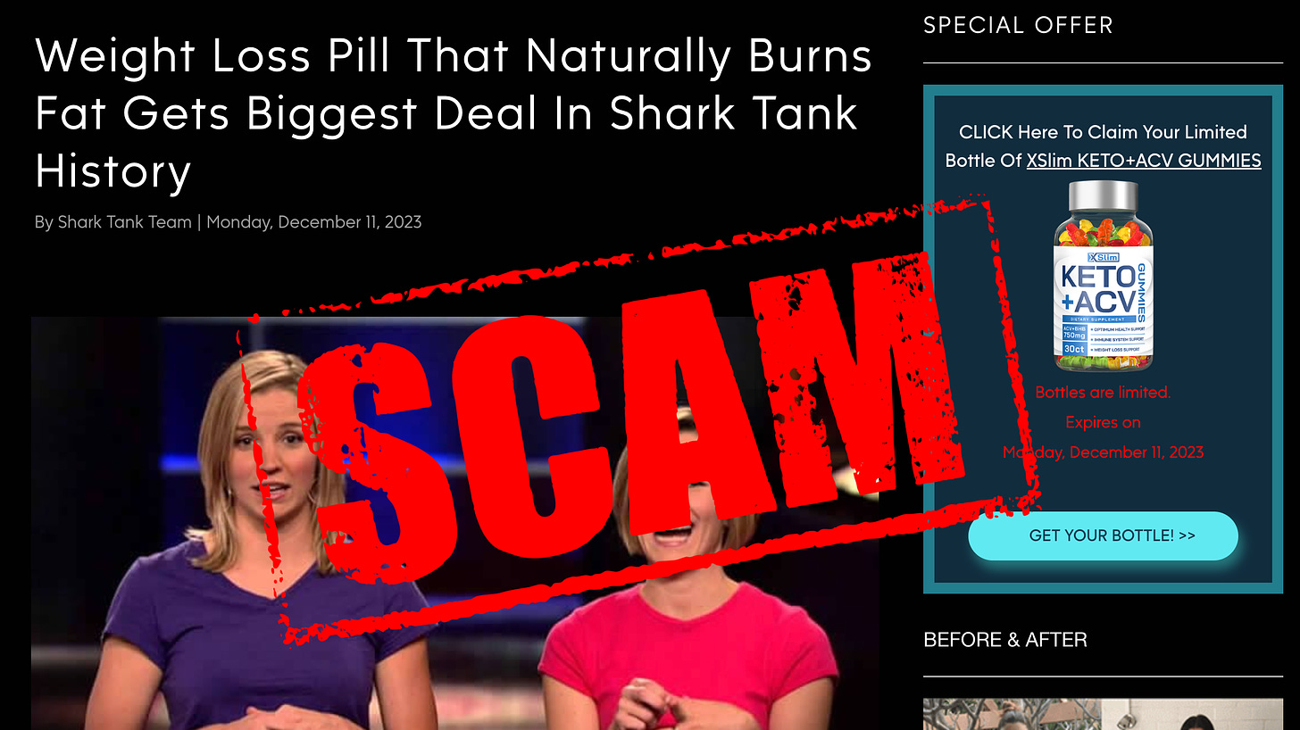 picture of a fake article claiming that a weight loss pill that naturally burns fat got the biggest deal in shark tank history