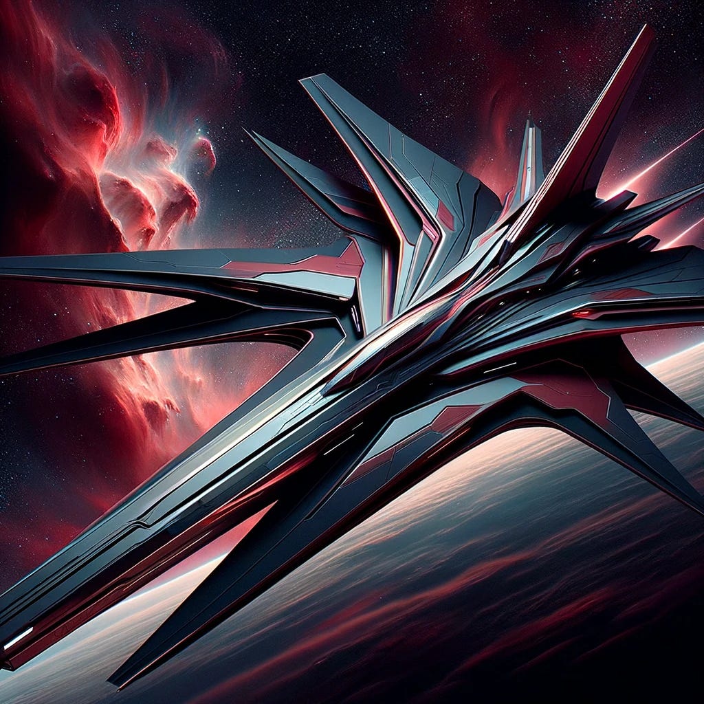 A long, slim 'Culture' spaceship, exhibiting a sleek, angular design with sharp limbs protruding at various angles. The spaceship's appearance is futuristic and dynamic, featuring a color palette of vivid reds and deep blacks. This design embodies a fusion of advanced technology with an artistic flair, indicative of a highly advanced civilization. The backdrop is deep space, adding a sense of vastness and intrigue to the spaceship's imposing presence.