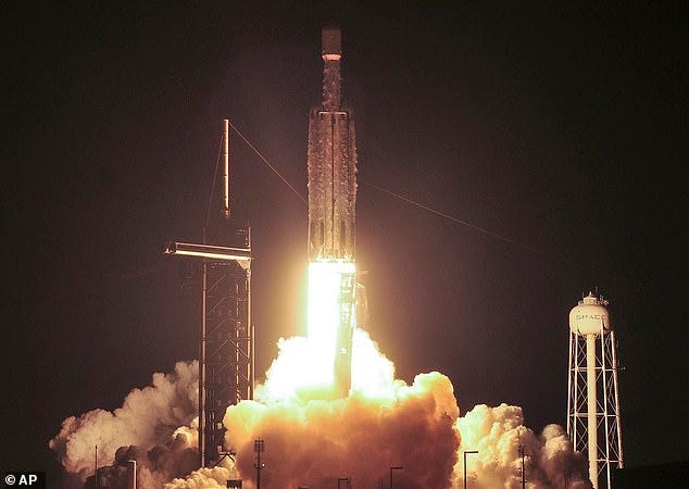 A SpaceX Falcon Heavy rocket lifts off from Kennedy Space Center at Cape Canaveral, Fla., Thursday, December 28, 2023. The rocket was carrying the U.S. military's X-37B secret space plane