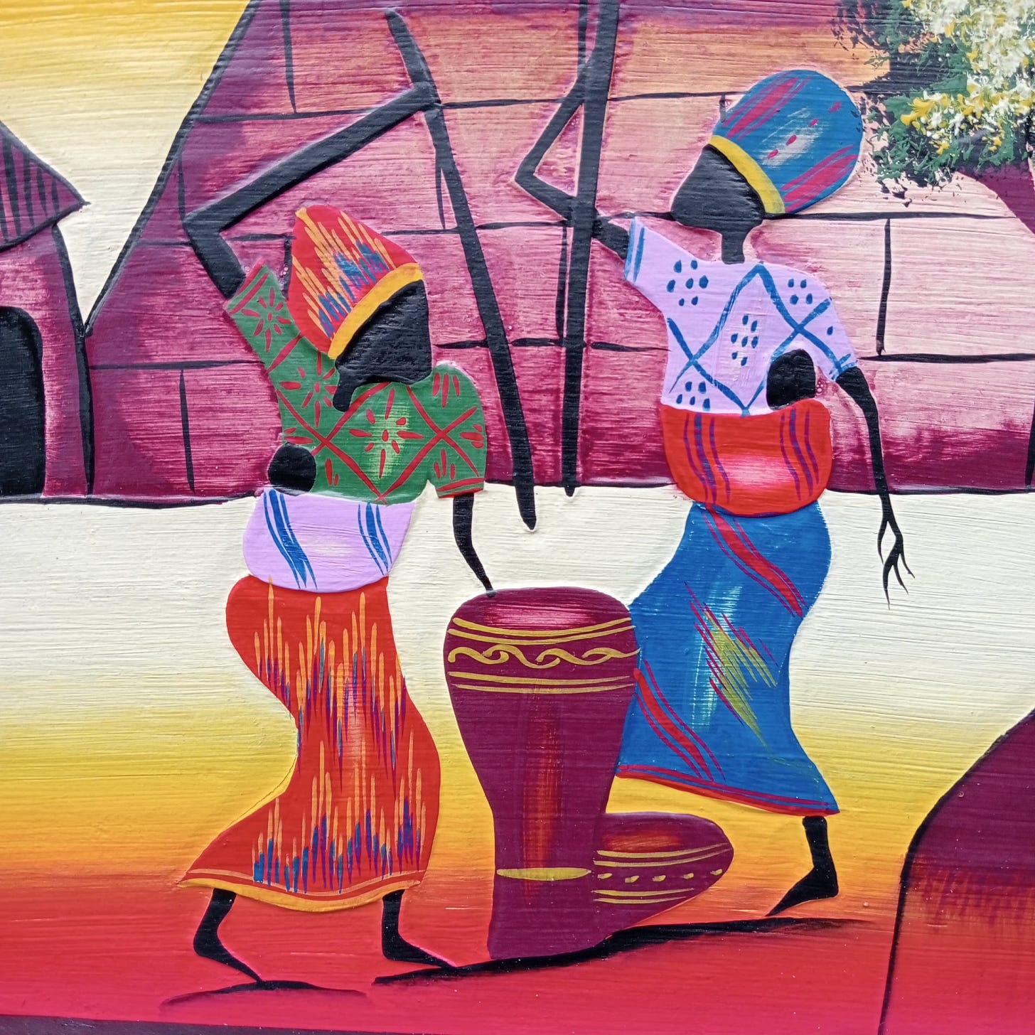 Painting - African Women Cooking Gambian woman in a patterned dress slicing vegetables in a modest indoor kitchen, surrounded by cooking utensils and ingredients. Painting - African Women Cooking Gambian woman in a patterned dress slicing vegetables in a modest indoor kitchen, surrounded by cooking utensils and ingredients.